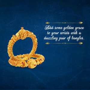 Close-up of ornate golden bangles with floral designs on a dark blue background.