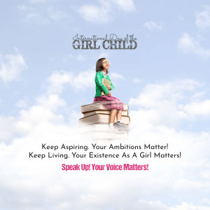 Girl sitting on stack of books with a sky background, celebrating International Day of the Girl Child.