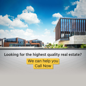 Modern building complex with a blue sky and a call to action for real estate services.