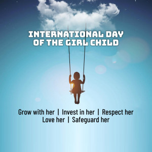 Silhouette of a girl on a swing against a blue sky with clouds, promoting International Day of the Girl Child.
