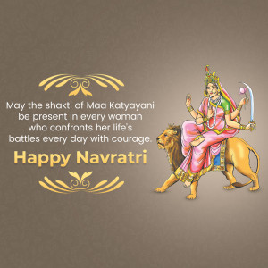 Image of Goddess Katyayani riding a lion with a Navratri greeting.