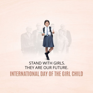 A young girl in school uniform giving a thumbs up with blurred images of adults in the background and text promoting International Day of the Girl Child.