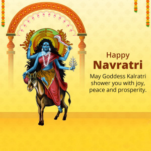 Illustration of Goddess Kalratri riding a donkey with a 'Happy Navratri' greeting.