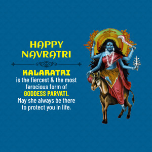 Image depicting Goddess Kalratri riding a donkey, with text wishing Happy Navratri.