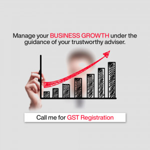 Image depicting business growth with a hand drawing an upward trend and a call to action for GST registration.