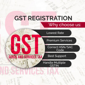 Image promoting GST registration services with benefits listed.