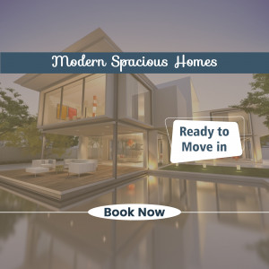 Modern house with a pool and 'Ready to Move In' and 'Book Now' call to action