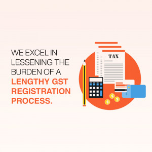 Graphic depicting GST registration support with icons of a calculator, pencil, and tax form.