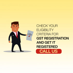 Cartoon businessman holding a document with a checkmark, promoting GST registration.