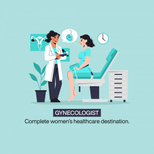 Illustration of a gynecologist consulting with a pregnant patient.