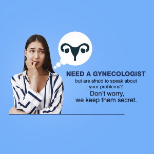 Woman looking concerned with a thought bubble showing a uterus, promoting gynecological care with a message of privacy.