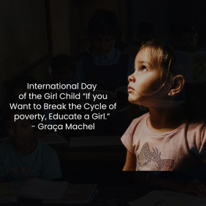 A young girl looking upwards in a classroom with text overlay promoting education for girls to break the cycle of poverty.
