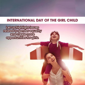 Image celebrating International Day of the Girl Child with a girl pretending to fly on her mother's shoulders.