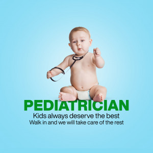 Baby with stethoscope and pediatrician advertisement