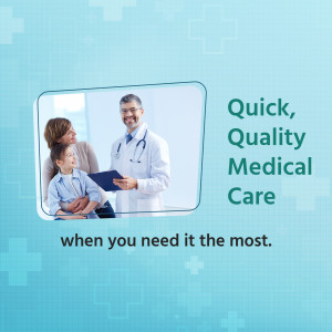 Doctor with a mother and child, promoting quick medical care.