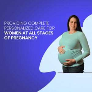 Pregnant woman smiling and holding her baby bump with text about personalized care.
