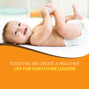 A smiling baby lying on their back with a health-focused message.