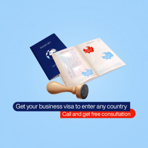 Passport, open visa application, and stamp with text promoting business visa services.