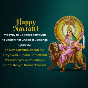 Image depicting Goddess Katyayani riding a lion with Navratri greetings.