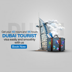 Dubai Tourist Visa advertisement with Burj Al Arab and suitcase