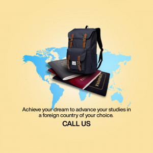 Backpack, passport, and notebook on a world map, promoting international study.