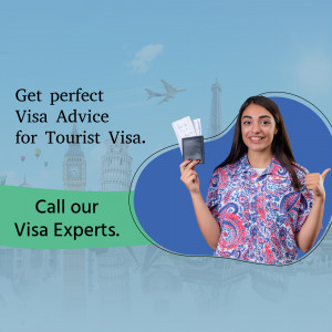 Woman holding passports with travel landmarks in the background, promoting visa services.