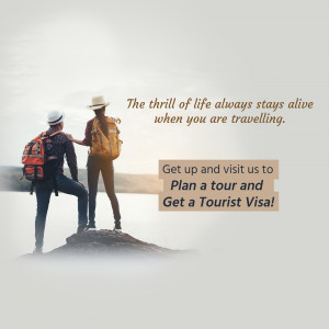 Two travelers standing on a cliff overlooking a misty landscape with a travel quote.