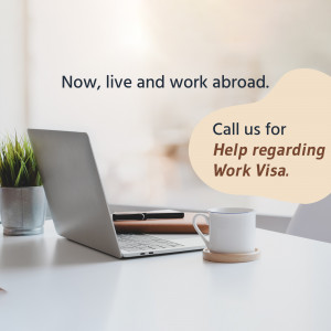 Laptop, coffee, and plant on a white desk with text promoting work visa assistance.