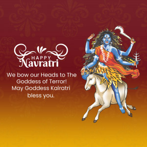 Image of Goddess Kalratri riding a buffalo with Navratri greetings.