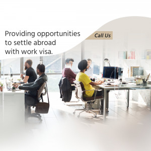 Diverse group of professionals working in a modern office, promoting work visa services.