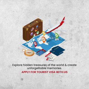 Isometric illustration of travel elements including a suitcase, airplane, map, and passport with text promoting tourist visa application.