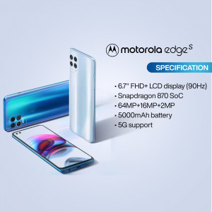 Motorola Edge S smartphone with key specifications displayed
