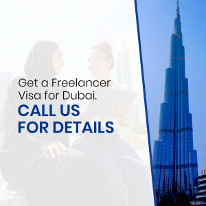 Image promoting freelancer visa services for Dubai, featuring the Burj Khalifa and people working on laptops.