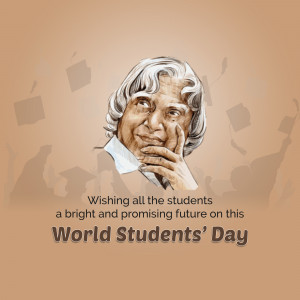 Portrait of A.P.J. Abdul Kalam with flying graduation caps and text wishing students a bright future on World Students' Day.