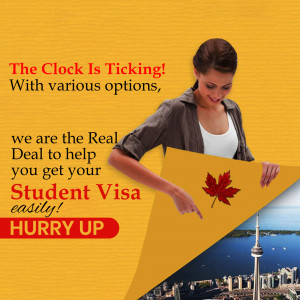 Woman pointing to a Canadian flag with text about student visa assistance.