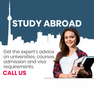 Young woman with a book in front of the Toronto skyline, promoting study abroad opportunities.