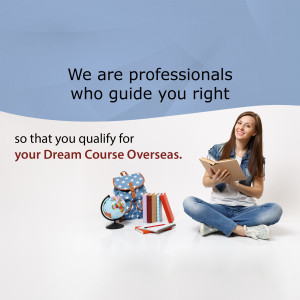 A young woman sitting with books and travel items, promoting overseas education.