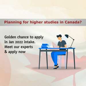 Student studying with a laptop and books, with a Canadian maple leaf background. Text promotes applying for higher studies in Canada.
