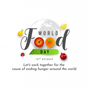 World Food Day graphic with fruits and a globe