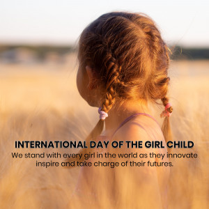 Girl with braided hair in a wheat field with text celebrating International Day of the Girl Child