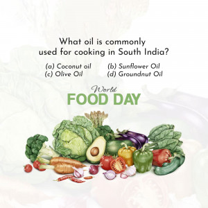 Image depicting a quiz question about cooking oils in South India with a colorful vegetable arrangement.