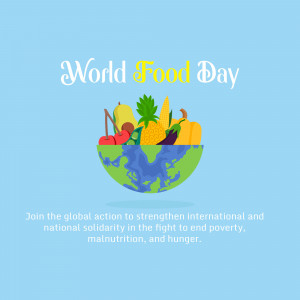 Illustration of fruits and vegetables arranged on top of a globe with the text 'World Food Day'