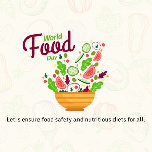 World Food Day illustration with fruits, vegetables, and a bowl.