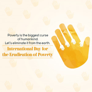 Hands reaching out against a yellow background with text about poverty eradication.
