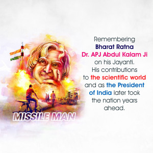 Portrait of Dr. A.P.J. Abdul Kalam with a rocket launch in the background