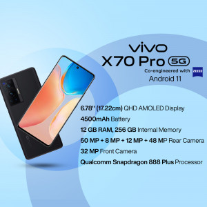 Vivo X70 Pro 5G smartphone with key specifications