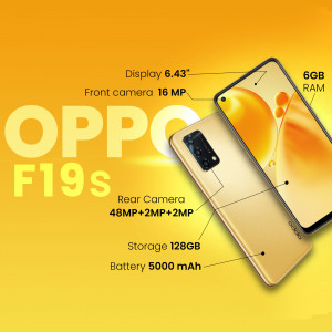 OPPO F19s smartphone with key specifications highlighted
