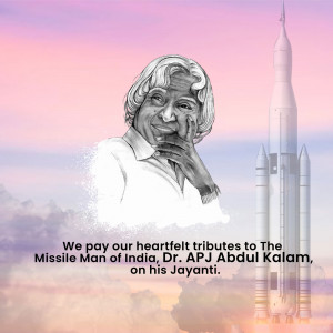 Portrait of APJ Abdul Kalam with a rocket in the background