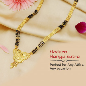 Close-up of a modern gold mangalsutra necklace with black beads.