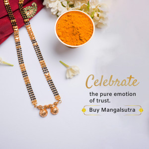 Close-up of a gold mangalsutra necklace with a bowl of turmeric powder and white flowers, with text 'Celebrate the pure emotion of trust. Buy Mangalsutra'